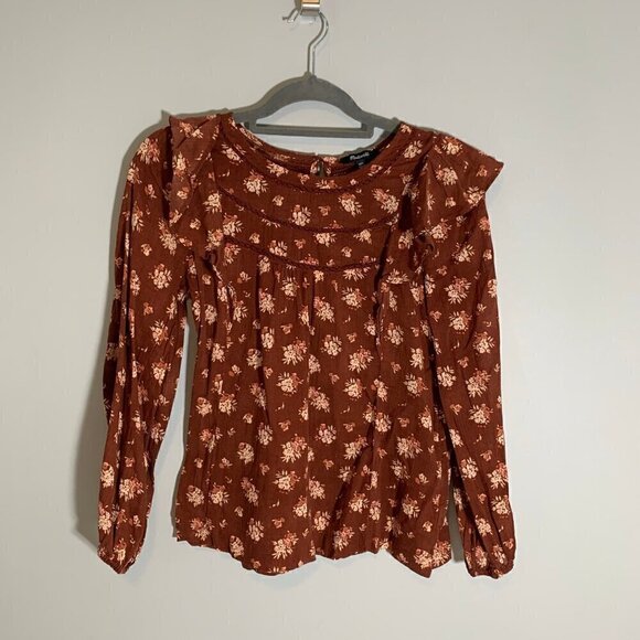 Madewell Tops - Madewell brown floral long sleeve ruffle detail lightweight boho shirt top